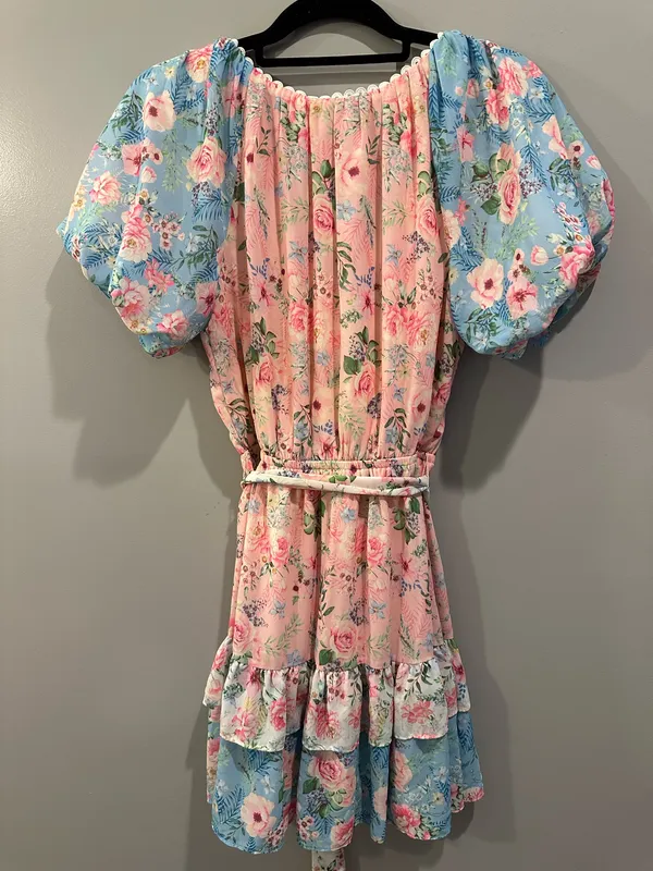 For Love & Lemons Love Colette Floral Tiered Ruffle Tie Waist Lace Hem Dress - Image 4