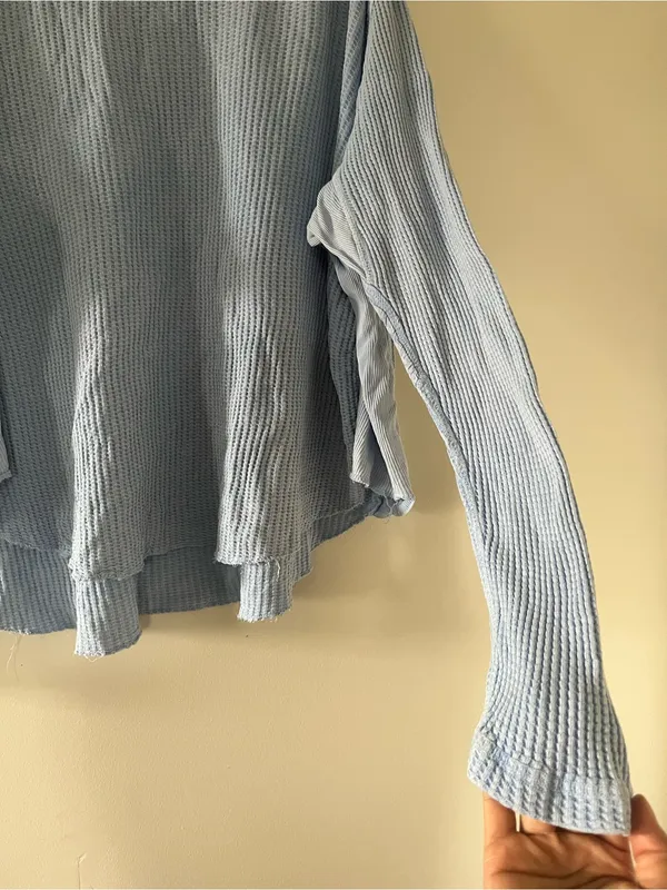 Free People Oversized Waffle Knit Blue Thermal Top Large Coastal Cozy Cotton - Image 4