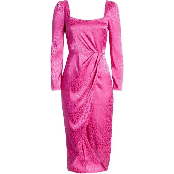 NWT Saylor Leopard Jacquard Satin Midi Dress Size Medium Magenta Pink Faux Wrap - Image 2
