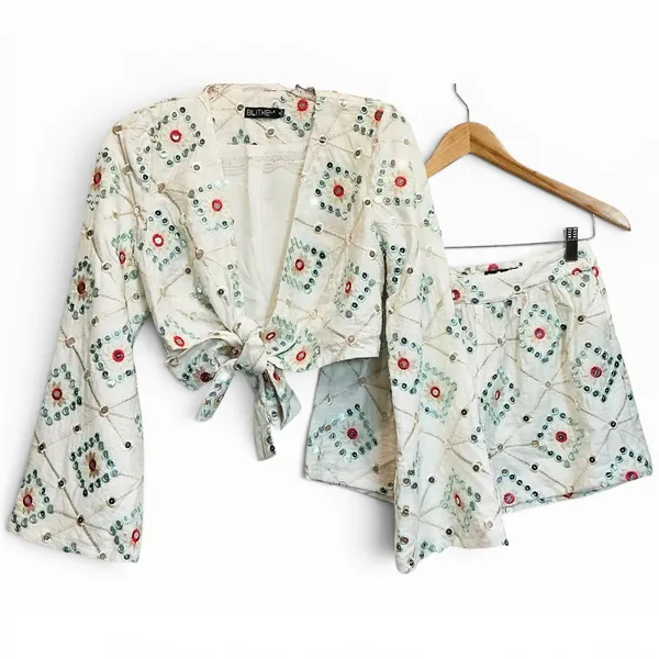 Anthropologie BLITHE Mirror Geo‎ Long Sleeve Tie Front Top & Shorts Set New S - Image 2