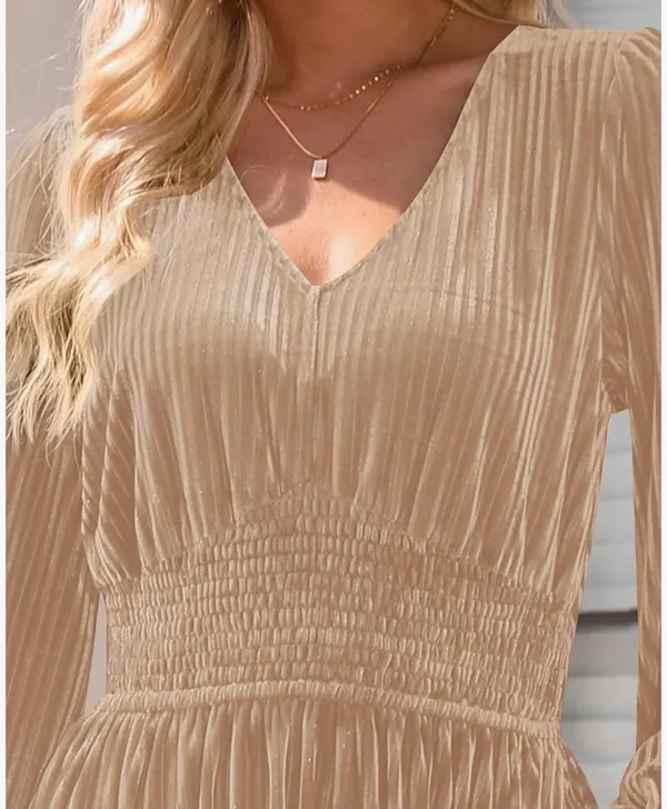 ZESICA Velvet Smocked Waist Midi Dress - Image 5