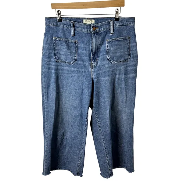 Madewell Wide Leg Crop Jeans Womens Size 32 Blue Raw Hem Front Pocket - Image 3