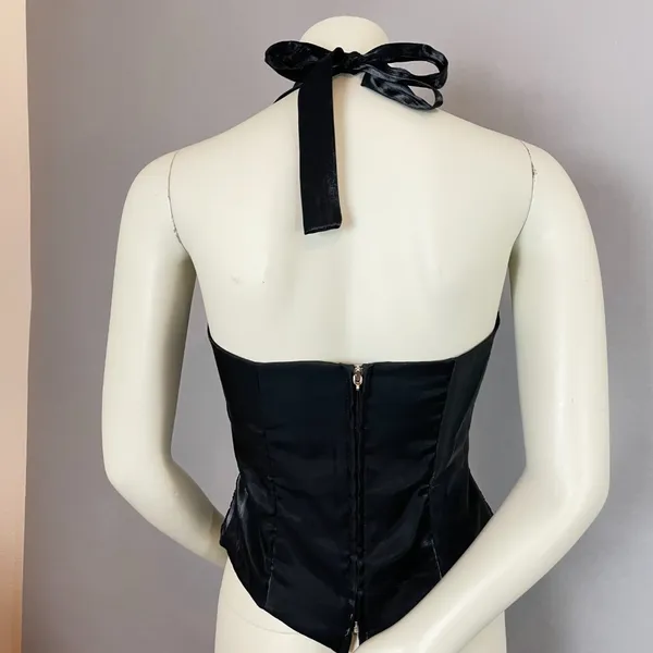 Vintage 90s Prom Halter Top Beads Tie Black Zip-Up‎ Flaws Princess Sleeveless - Image 3