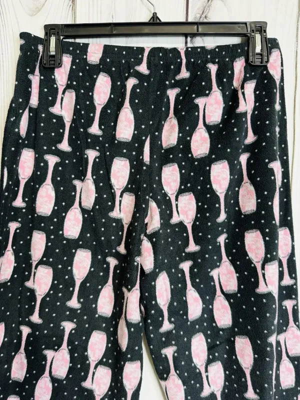 Charter Club Intimates Pajama Set Sz L Black Pink Wine Glasses Fleece Pockets - Image 10