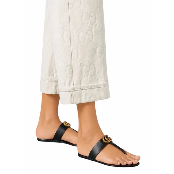 Gucci Black Leather Thong Sandal Gold Double G Logo Size 36.5 - Image 2