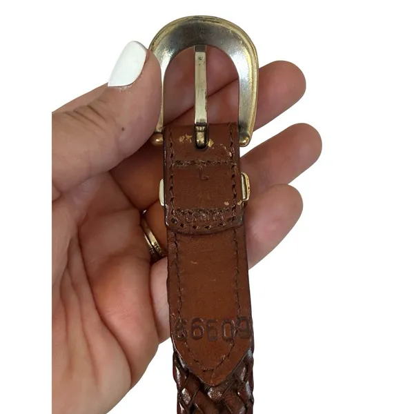 Womens Brown Braided Leather Belt Silver Tone Floral Engraved Buckle Size Large - Image 3