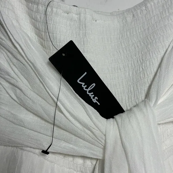 Lulus White Smocked Tiered‎ Maxi Dress Tie Back Lace Trim Small - Image 7