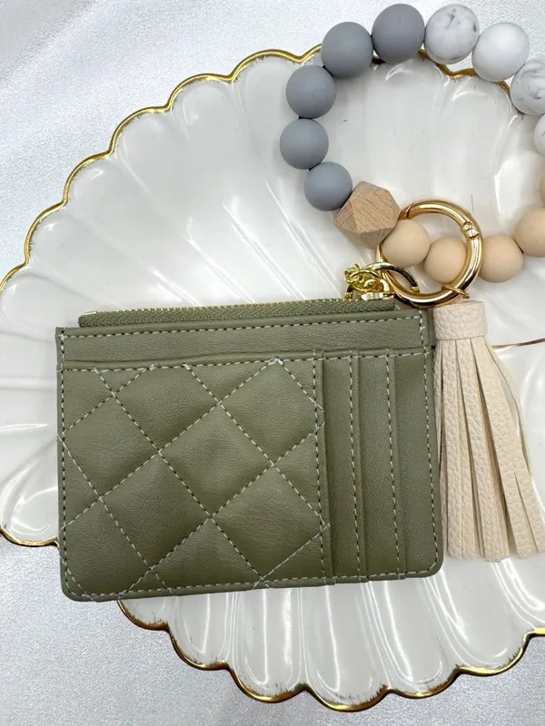 Sage Green Quilted Card Holder Wallet Wristlet Keychain Tassel - Image 5