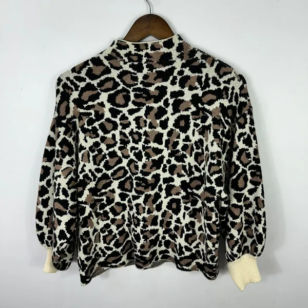 Line & Dot Leopard Sweater Womens Large Tan Black Mock Neck‎ Balloon Sleeve - Image 7
