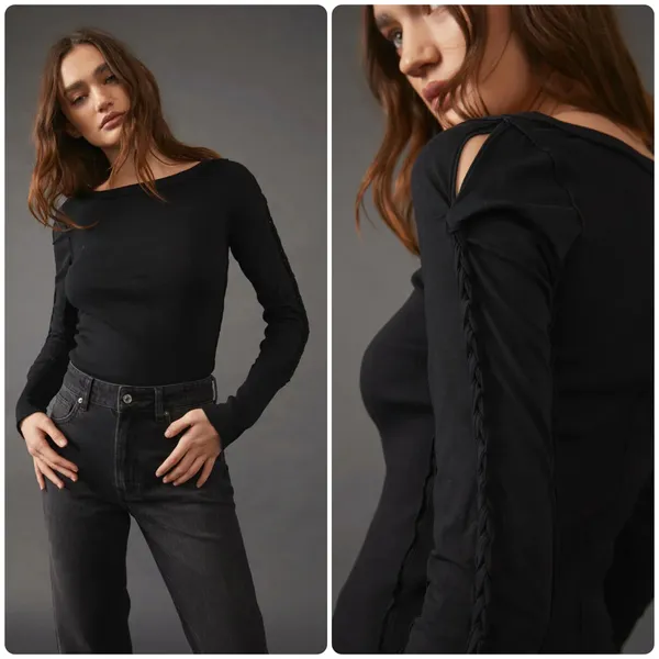 We The Free Free People Womens Black Daisy Chain Cuff Edgy Ribbed Blouse‎ Size S - Image 2
