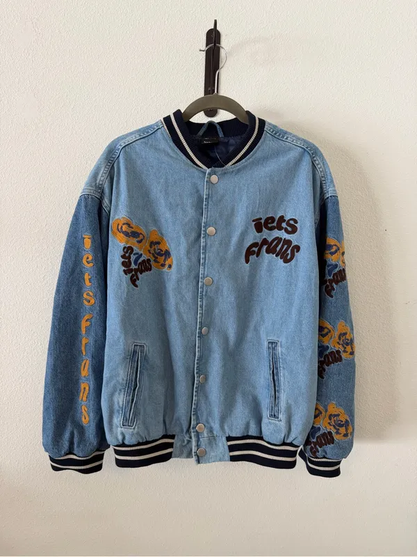 iets frans Blue Denim Embroidered Varsity Jacket Size XS - Image 8