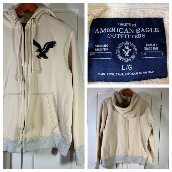 American Eagle Y2K Cream Sherpa Lined Zip Hoodie Athletic Fit‎ Large Eagle Logo - Image 2