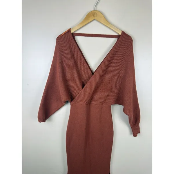 Petal + Pup Knit Sweater Midi Dress Size 2 Rust Terracotta V Neck Long Sleeve - Image 3