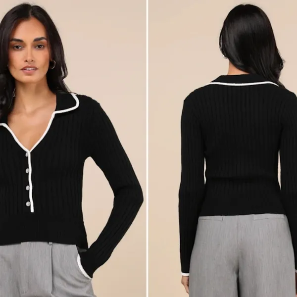 LULUS Chic Black and White Long Sleeve Ribbed Knit Cozy Casual Cardigan - Image 4