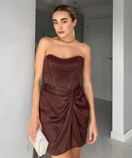 ZARA Bloggers Favorites Brown Topstiched Draped Dress - Image 2