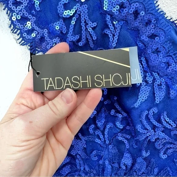 Tadashi Shoji Bright Cobalt Blue Embroidered Lace V Neck Sequin Cap Sleeve‎ - Image 3