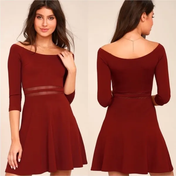 Lulus Yes‎ to the Mesh Wine Red Half Sleeve Skater Mini Dress Size S - Image 2