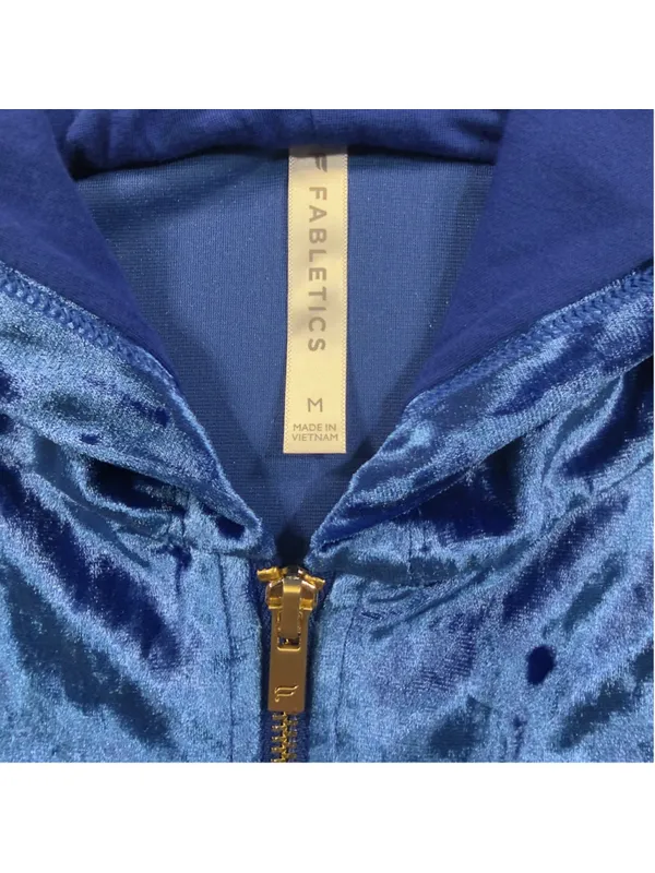 Fabletics Royal Blue Crushed Velvet Zip Up Cropped Hoodie Medium - Image 2