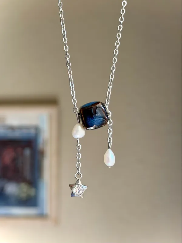 Handmade cube ceramic bead unique boho fairy necklace💙 - Image 3