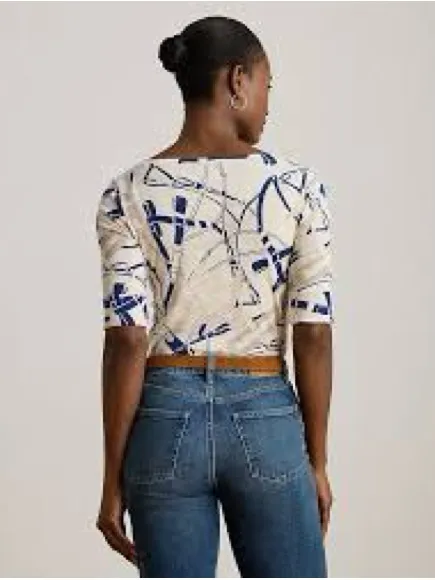 Lauren Ralph Lauren Belt Print Boatneck Top Navy Cream Equestrian Stretch Tee S - Image 2
