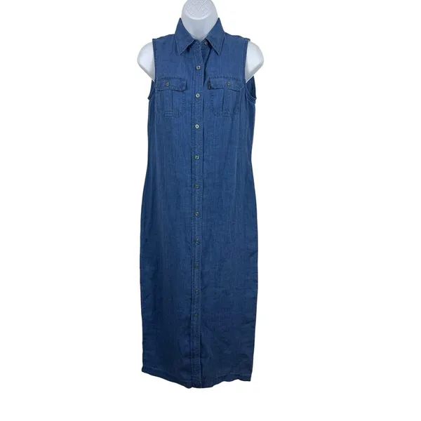 90s Ralph Lauren 100% Linen Shirt Dress Womens PS Blue Sleeveless Button Midi - Image 3
