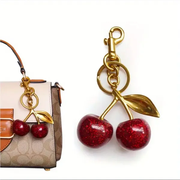 Red Sparkle Cherry Bag Charm Keychain Gold Tone Purse Accessory NWT - Image 2