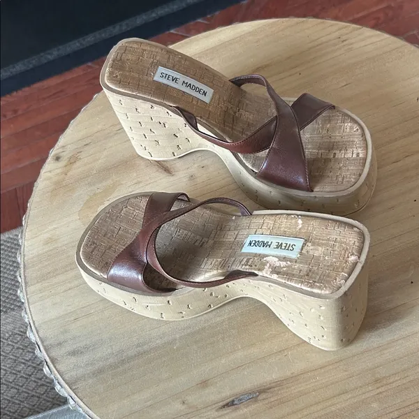 Steve Madden Colins Brown Leather Wooden Platform Wedge Sandals Size 7.5 - Image 2