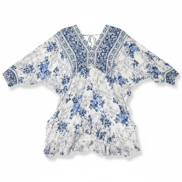 Lulus Blue and White Floral Toile Print Ruffled Mini Dress Large NWT Boho V-Neck - Image 2