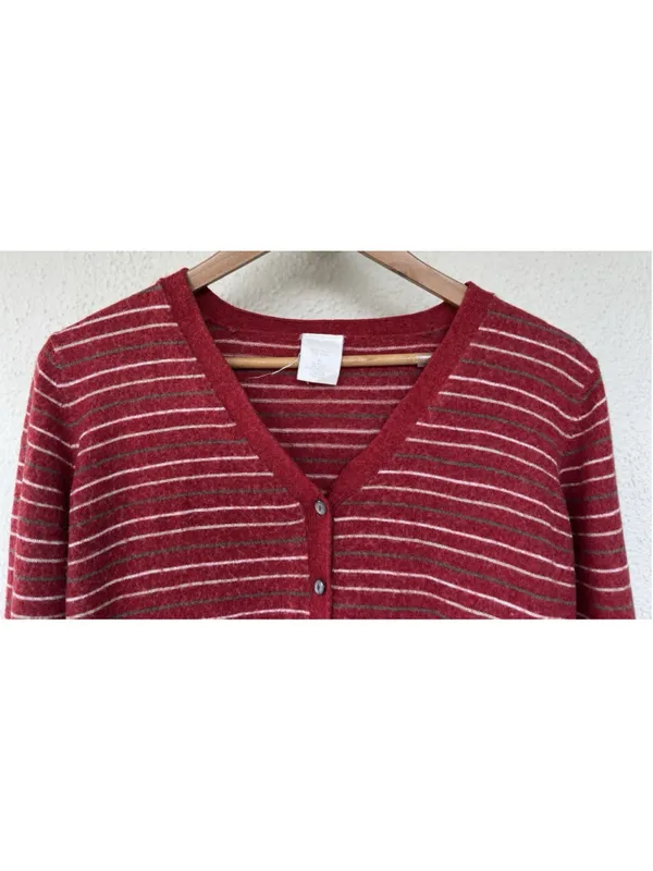 VTG Old Navy Red Striped V Neck Button Cardigan Sweater Wool Blend Prep Academia - Image 2