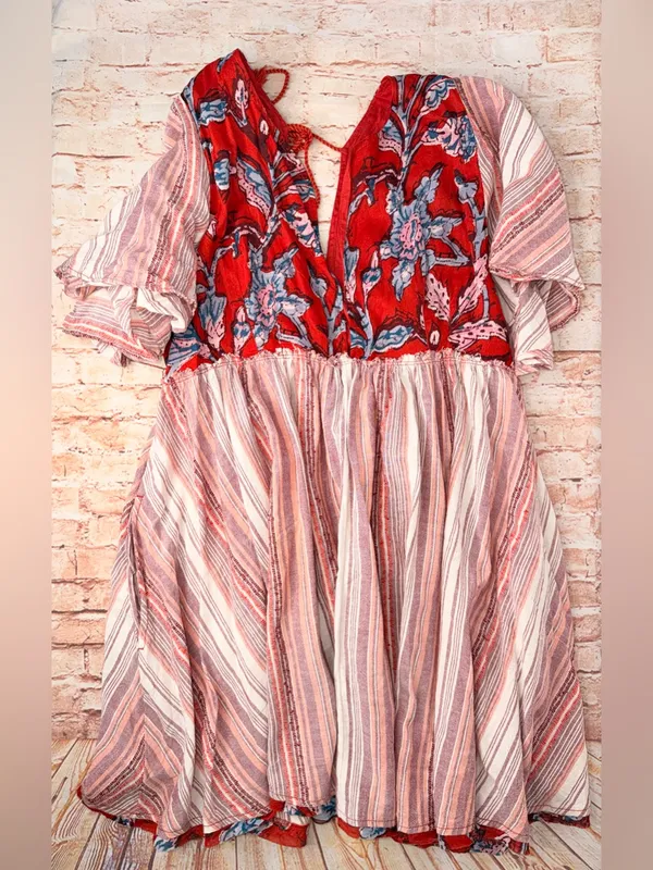 Free People Under The Sun Tunic Dress Floral Striped Red Rome - Image 12