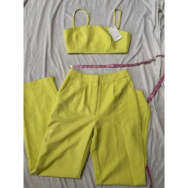 Aria Chartreuse Lime Two Piece Crop Top Wide Leg Pants Matching Set - Image 4