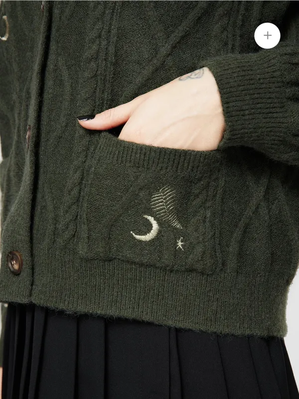 Disturbia Dianne Embroidered Cable Knit Cardigan Moon Star Fern Olive Green Knit - Image 11