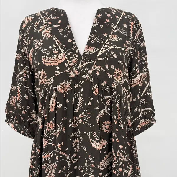 ba&sh Cherry Midi Shift Dress Babydoll V-Neckline Brown Floral Women’s US 6 - Image 4