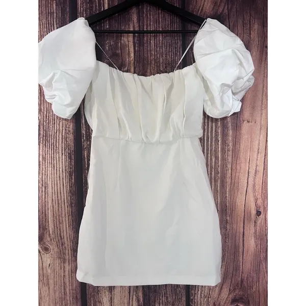 White Oversize Puff Sleeve Mini Sheath Dress Romantic Idem Ditto Party Prom SZ S - Image 8