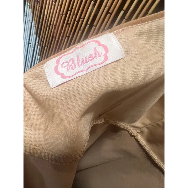 Blush Camel Stretch Corduroy Halter Skater Mini Dress Tan Ribbed Fit Flare L - Image 6