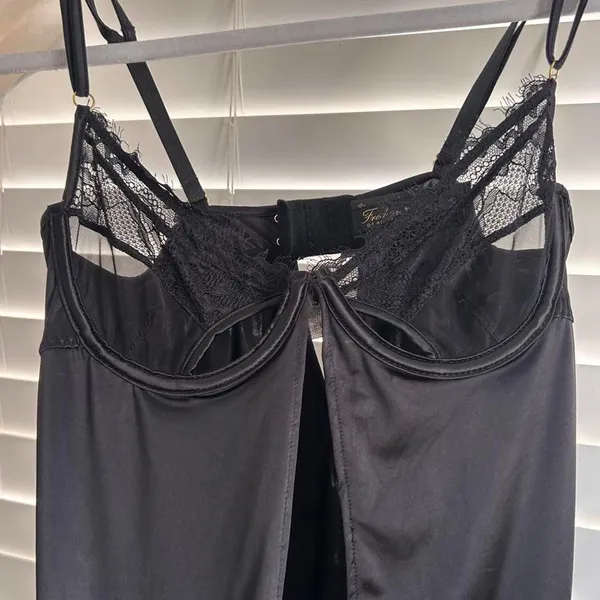 Frederick’s of Hollywood Black Satin Lace Babydoll Slip Lingerie Y2K Size Medium - Image 4