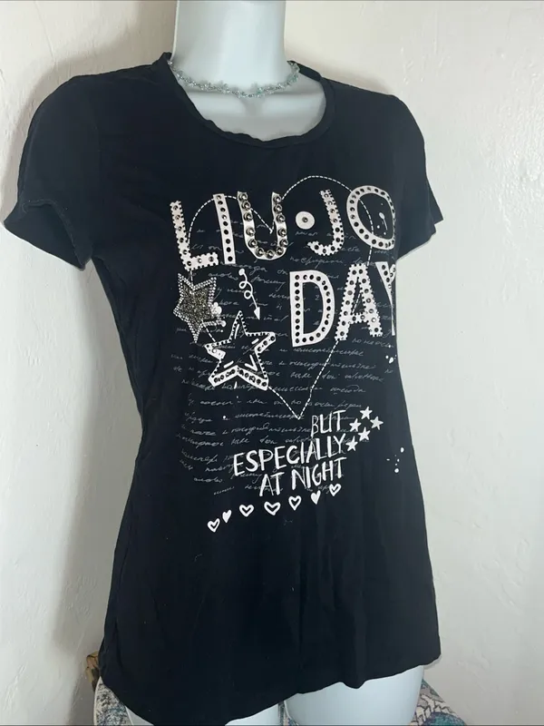Liu Jo Black Graphic Tee with White Star & Text Design small - Image 2