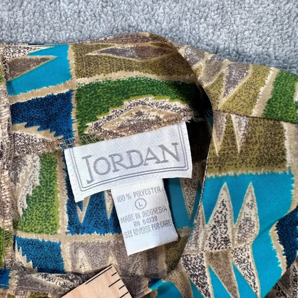 Jordan Vintage 3/4 Sleeve Blouse Womens Large Button Back Square Neck Green/Blue - Image 6