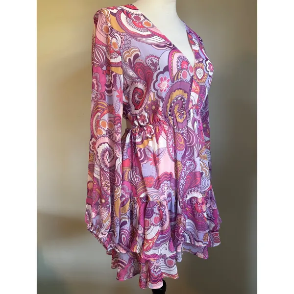 VICI Pink Purple‎ Paisley Back Tie Mini Dress Small Y2K fairy retro boho whimsi - Image 4
