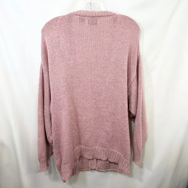 VTG Plus Size 20W Sweater Pink‎ Hand Knit Heart Fringe Cardigan Cottagecore 774 - Image 3