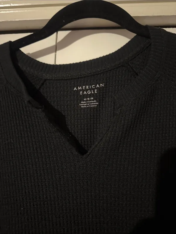 American Eagle Black Waffle Knit V-Notch Crew Top - Image 2