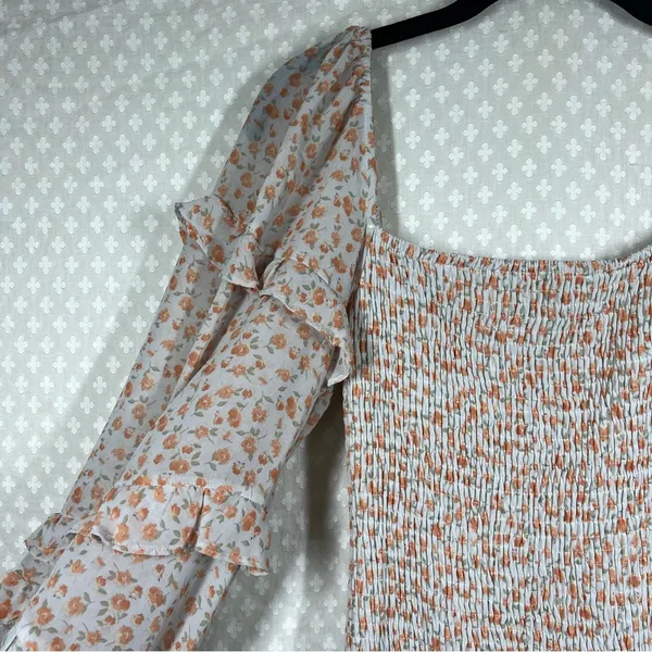 Petal + Pup Orange White‎ Smocked Puff Sleeve Midi Dress - Image 3