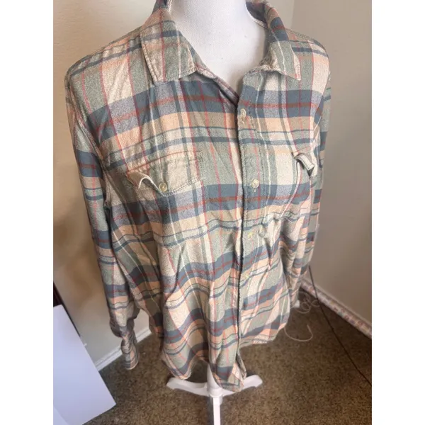 Paige Plaid Flannel Button Down Shirt Large Green Tan Cotton Blend Soft sz L - Image 3