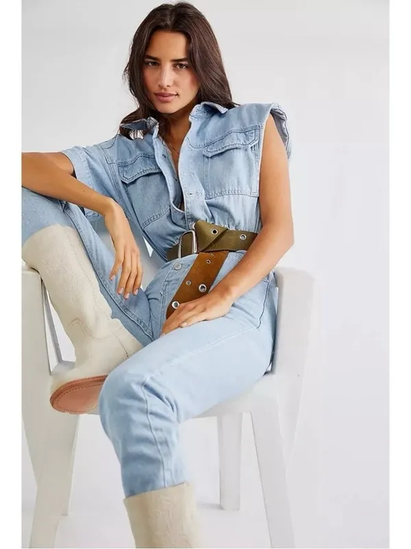 Free People We The Free Marci coveralls Denim Jumpsuit in Clear Skies Size Large - Image 13