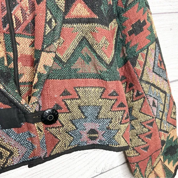 Vintage Flashback Southwestern Pattern Cropped Tapestry Jacket Size Medium Green - Image 8
