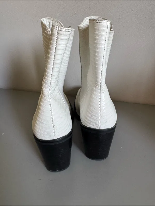 Women’s White Textured Chelsea Ankle Boots with Block Heel - Image 5