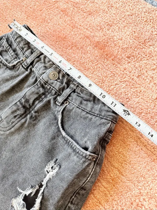BDG Urban Outfitters Black Distressed Denim Mini Skirt XS Frayed Hem Button Fly - Image 3