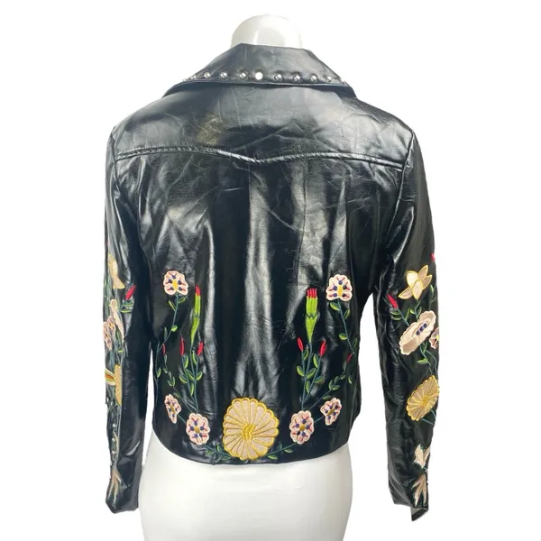 Elli White Black Faux Leather Floral Embroidered Studded Moto Biker Jacket Sz S - Image 3