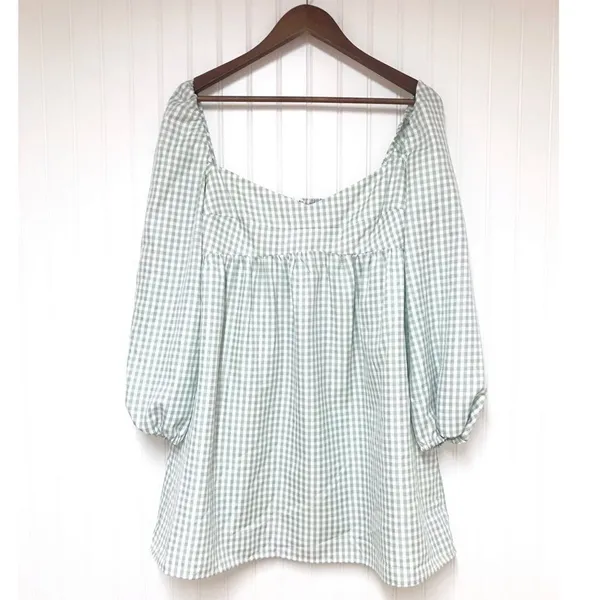 GIANNI BINI Green Gingham Mini‎ Peasant Dress Long Sleeves Low Cut Size 8 New - Image 3