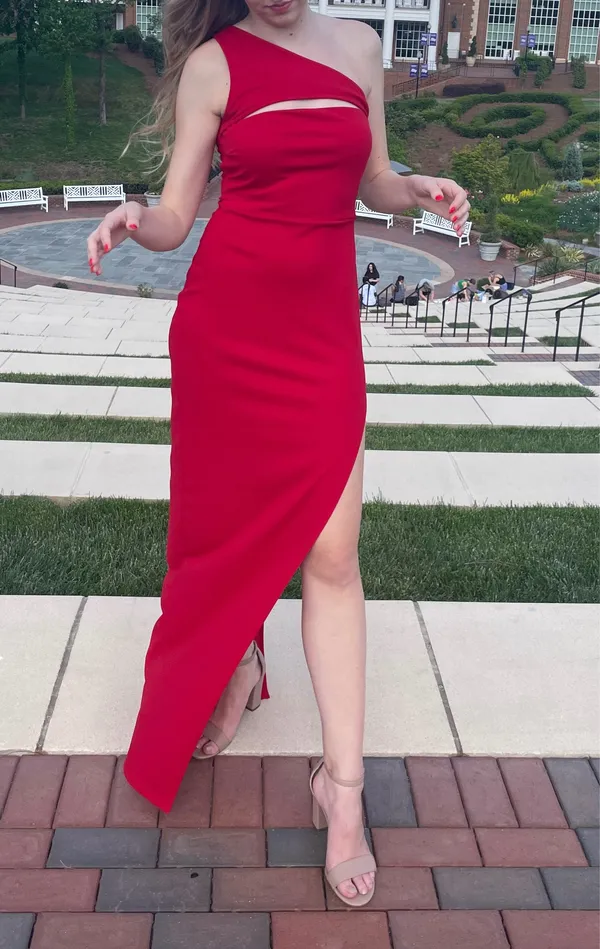 Red one shoulder maxi dress with slit and cutout detail. - Image 3